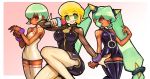  3girls bare_arms bare_shoulders blonde_hair blush bracelet breasts dakusuta dark_skin dress earrings eyebrows_visible_through_hair gradient gradient_background green_eyes green_hair highres holding holding_microphone jewelry long_hair matilda_caskett medium_breasts microphone multiple_girls red_eyes rockman rockman_dash short_dress short_hair simple_background small_breasts smile thigh-highs twintails yuna_(rockman_dash) zettai_ryouiki 