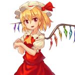  1girl :d ascot bangs blonde_hair eyebrows_visible_through_hair fang flandre_scarlet hair_between_eyes hat hat_ribbon highres looking_at_viewer mob_cap nob1109 one_side_up open_mouth puffy_short_sleeves puffy_sleeves red_eyes red_ribbon red_skirt ribbon short_hair short_sleeves skirt smile solo touhou white_hat wings yellow_neckwear 