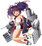  1girl anchor_choker artist_request ass azur_lane blush breasts character_request choker eyebrows_visible_through_hair full_body hair_ornament hair_ribbon hairclip heart jacket long_sleeves looking_at_viewer navel official_art open_mouth purple_hair red_eyes red_ribbon ribbon rigging shoes short_hair short_shorts short_twintails shorts small_breasts smile sneakers solo tan tanline transparent_background twintails v 