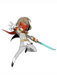  1boy akechi_gorou brown_hair cape energy_sword epaulettes highres lightsaber mask official_art persona persona_5 persona_q2:_new_cinema_labyrinth persona_q_(series) red_eyes solo sword weapon 