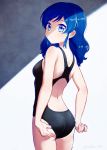  1girl adjusting_clothes adjusting_swimsuit aikatsu! aikatsu!_(series) ass back back_cutout blue_eyes blue_hair breasts casual_one-piece_swimsuit commentary_request cowboy_shot hair_down kiriya_aoi long_hair looking_at_viewer looking_back mo_sabo one-piece_swimsuit shaded_face shadow small_breasts smile solo swimsuit twitter_username 