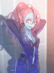  1girl artist_name blue_skin blush bra deltarune eyeshadow hair_over_one_eye head_fins highres long_hair looking_at_viewer monster_girl navel noaharbre police police_uniform policewoman redhead sharp_teeth signature simple_background smile solo teeth undertale underwear undyne uniform yellow_sclera 