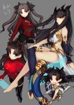  4girls :d asymmetrical_legwear asymmetrical_sleeves barefoot black_bow black_legwear black_skirt blue_eyes blue_legwear blue_shirt blue_sleeves bow brown_hair detached_sleeves fate/grand_order fate_(series) floating_hair grey_background hair_bow hand_on_own_knee highres holding ishtar_(fate/grand_order) jam8686 legs_crossed long_hair long_sleeves looking_at_viewer midriff miniskirt multiple_girls navel navel_cutout open_mouth pleated_skirt red_eyes shirt simple_background single_sleeve single_thighhigh skirt smile stomach thigh-highs tohsaka_rin twintails very_long_hair 