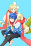  1girl 2boys :d aqua_background arms_around_neck back-to-back bare_arms bare_shoulders barefoot blonde_hair blue_eyes blue_hair blue_shirt denim eyebrows_visible_through_hair fingernails from_above green_pants habuki hair_ribbon happy head_rest horizontal-striped_shirt horizontal_stripes hug hug_from_behind jeans kagamine_len kagamine_rin kaito kneeling long_sleeves looking_at_viewer multiple_boys open_mouth pants red_neckwear red_scarf ribbon scarf shared_scarf shirt short_hair simple_background sitting smile striped vocaloid white_ribbon white_shirt 