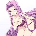  1girl arm_at_side bangs bra breasts chan_co cleavage collarbone dutch_angle fate/grand_order fate/hollow_ataraxia fate/stay_night fate_(series) glasses hand_in_bra large_breasts long_hair medusa_(fate)_(all) navel panties parted_bangs purple_bra purple_hair purple_panties rider sidelocks simple_background sitting smile solo underwear underwear_only very_long_hair violet_eyes wariza 