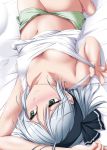 1girl alternate_costume arm_up bare_arms barefoot bed_sheet black_hairband black_ribbon breasts close-up collarbone green_eyes gym_shorts hair_ribbon hairband konpaku_youmu lying medium_breasts midriff navel no_bra nori_tamago on_back ribbon short_hair shorts silver_hair solo strap_pull tank_top touhou upside-down white_tank_top