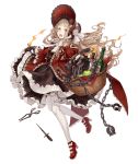  1girl :d apple basket blonde_hair bonnet bottle chains collar cuffs dagger dress flower food frills fruit full_body gloves ji_no knife little_red_riding_hood_(sinoalice) looking_at_viewer mary_janes official_art open_mouth orange_eyes pantyhose puffy_sleeves ribbon saw scissors shackles shoes sinoalice smile solo spiked_collar spikes torture_instruments transparent_background upper_teeth weapon 