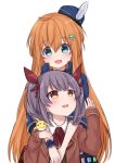  2girls :d ahoge ascot bangs blue_eyes blue_jacket blush book bow brown_eyes brown_jacket character_request collared_shirt commentary_request copyright_request eyebrows_visible_through_hair grey_hair hair_between_eyes hair_bow hair_ornament hand_up hat hat_feather highres hug hug_from_behind jacket long_hair long_sleeves looking_at_another looking_up maka_neko mini_hat multiple_girls open_clothes open_jacket open_mouth orange_hair red_bow red_neckwear shirt sidelocks simple_background single_wrist_cuff sleeves_past_wrists smile tareme twintails v_arms very_long_hair vial white_background white_shirt wing_collar 