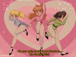  &gt;:) 3girls 90s :d :o arm_up artist_name bangs black_footwear black_hair blonde_hair blossom_(ppg) blue_eyes blue_leotard bluethebone blunt_bangs bow breasts bubbles_(ppg) buttercup_(ppg) clenched_hand english english_text eyebrows_visible_through_hair fake_screenshot female fighting_stance film_grain green_eyes green_leotard hair_bow heart heart_background highres leotard long_hair long_sleeves looking_at_viewer multiple_girls oldschool open_mouth orange_hair pantyhose parody pink_eyes pink_leotard pose powerpuff_girls red_bow running short_hair siblings sisters smile style_parody subtitled twintails vhs_artifacts white_legwear 