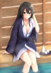  1girl akahi242 alcohol alternate_costume black_hair breasts brown_eyes closed_mouth hair_between_eyes haruna_(kantai_collection) highres japanese_clothes kantai_collection kimono large_breasts long_hair looking_at_viewer sitting smile solo water 