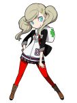  1girl blazer blonde_hair blue_eyes clover four-leaf_clover hair_ornament hairclip highres hood hoodie jacket official_art pantyhose persona persona_5 persona_q2:_new_cinema_labyrinth red_legwear shuujin_academy_uniform takamaki_anne twintails 