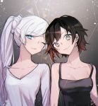  2girls artist_name black_background black_singlet blue_eyes ecru grey_eyes multiple_girls one_eye_closed redhead ruby_rose rwby scar scar_across_eye shirt singlet smile weiss_schnee white_hair white_shirt 