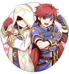  armor blue_armor blue_eyes blush cape fire_emblem fire_emblem:_fuuin_no_tsurugi fire_emblem_heroes gloves headband hood male_focus nakabayashi_zun nintendo open_mouth redhead roy_(fire_emblem) short_hair simple_background smile summoner_(fire_emblem_heroes) 