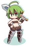  1girl armored_boots bangs bare_shoulders belt belt_buckle beltbra bike_shorts blue_legwear blue_shorts blush boots brown_belt buckle chibi closed_mouth collarbone commentary_request disgaea female_warrior_(disgaea) full_body green_eyes green_hair hair_between_eyes hand_on_hip hand_up highres holding holding_sword holding_weapon knee_boots looking_at_viewer makai_senki_disgaea naga_u navel shadow short_shorts shorts solo standing sword thigh-highs thighhighs_under_boots weapon white_background 