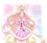  1girl blonde_hair commentary cure_tomorrow earrings fingerless_gloves gloves hug-tan_(precure) hugtto!_precure jewelry long_hair older pink_eyes precure ribbon scrunchie shunciwi solo tiara 