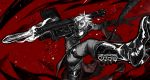  1boy belt_boots boots contrapposto dante_(devil_may_cry) debris devil_may_cry devil_may_cry_2 grey_eyes hallot highres holding holding_sword holding_weapon medium_hair missile_pod partially_colored red_background rocket_launcher silhouette smile smoke solo spot_color sword weapon white_hair 
