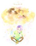  2boys black_hair blue_background boots chin_rest closed_eyes dougi dragon_ball dragonball_z english falling_star floating flying_nimbus frown full_body gradient green_background green_legwear green_shirt happy legs_crossed long_sleeves looking_away lying male_focus multiple_boys pink_background purple_hair serious shirt short_hair shorts simple_background sitting sleeping smile socks son_goten spiky_hair star text_focus trunks_(dragon_ball) white_background wristband yellow_background 