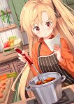  1girl ame. apron azur_lane bangs black_apron black_ribbon blonde_hair blush carrot cleveland_(azur_lane) closed_mouth commentary_request cooking cutting_board eyebrows_visible_through_hair fingernails food hair_between_eyes hair_ribbon highres holding index_finger_raised ladle long_hair long_sleeves one_side_up orange_shirt pot red_eyes ribbon shirt solo stove striped vertical-striped_apron vertical_stripes very_long_hair 