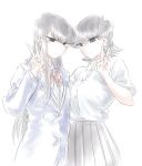  2girls black_eyes black_hair highres komi-san_wa_komyushou_desu komi_shouko komi_shuuko long_hair looking_at_viewer mitsugu mother_and_daughter multiple_girls school_uniform short_hair smile v white_background 