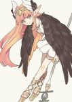  1girl bangs black_wings blunt_bangs brown_footwear circe_(fate/grand_order) commentary_request dress fate/grand_order fate_(series) feathered_wings gomi_(kaiwaresan44) green_eyes head_wings holding holding_staff jewelry leaning_forward long_hair looking_at_viewer pink_hair platform_footwear pleated_skirt pointy_ears sandals short_dress simple_background skirt solo staff thighlet very_long_hair white_background white_dress wings 