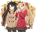  2girls bag black_bow black_hair blonde_hair blush bow brown_coat brown_legwear brown_scarf closed_mouth coat coffee_cup commentary_request covered_mouth cup disposable_cup duffel_coat ereshkigal_(fate/grand_order) fate/grand_order fate_(series) fringe_trim grey_skirt hair_bow hands_in_pockets hayashi_kewi head_tilt holding holding_cup ishtar_(fate/grand_order) long_hair long_sleeves multiple_girls pantyhose plaid plaid_scarf plaid_skirt plastic_bag pleated_skirt red_bow red_coat red_eyes scarf shopping_bag skirt sleeves_past_wrists smile tiara tohsaka_rin tree two_side_up very_long_hair 