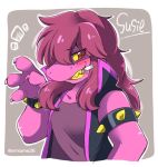  1girl artist_name blush chalk character_name deltarune eromame grey_background long_hair pink_hair pink_skin red_eyes simple_background solo spiked_armlet spiked_bracelet susie_(deltarune) twitter_username waving yellow_sclera yellow_teeth 