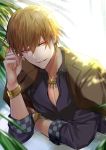  1boy absurdres black_shirt brown_hair brown_jacket dress_shirt earrings fate/stay_night fate_(series) gilgamesh highres jacket jewelry male_focus necklace open_clothes open_jacket parted_lips red_eyes shirt smile solo tarao_(13raven) upper_body 