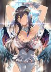  1girl albedo armpits bare_shoulders black_feathers black_hair black_wings breasts cleavage demon_girl demon_horns demon_wings detached_collar dress feathered_wings feathers gloves hair_between_eyes highres hip_vent horns indoors jewelry large_breasts low_wings necklace overlord_(maruyama) slit_pupils standing thighs white_dress white_gloves window wings yellow_eyes yuu_(asaiyuji) 