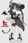  1girl :o ankle_boots bangs black_eyes black_hair black_shorts black_wings blunt_bangs boots commentary demon_tail demon_wings domino_mask fake_horns fake_tail fake_wings freckles full_body grey_background gym_shorts holding holding_weapon inkling inkling_(language) long_hair looking_at_viewer luna_blaster_(splatoon) maco_spl mask parted_lips pointy_ears shirt short_shorts short_sleeves shorts simple_background solo splatoon splatoon_(series) splatoon_2 standing tail tentacle_hair weapon white_footwear white_shirt wings 