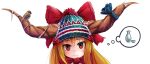  1girl alternate_costume animal beanie bird blue_ribbon blush bottle bow brown_eyes closed_mouth cup doitsuken eurasian_tree_sparrow hat hat_bow head_tilt highres horn_ribbon horns ibuki_suika long_hair looking_at_viewer orange_hair portrait red_bow ribbon sake_bottle simple_background solo sparrow thought_bubble touhou white_background white_bow 