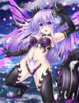  1girl bare_shoulders blue_eyes breasts bustier cleavage cowboy_shot crotch_plate elbow_gloves gloves hair_ornament highres kazuneko_(wktk1024) long_hair mechanical_wings medium_breasts midriff navel nepgear nepnep_connect:_chaos_chanpuru neptune_(series) open_mouth outdoors pubic_tattoo purple_hair purple_sister purple_sister_(chaos_form) revealing_clothes smile solo stomach symbol-shaped_pupils tattoo thigh-highs wings 
