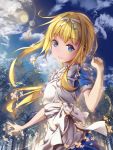  1girl alice_schuberg apron aura bangs blonde_hair blue_dress blue_eyes blue_sky closed_mouth clouds commentary_request dress floating_hair hairband highres lens_flare long_hair looking_at_viewer ribbon short_sleeves sky smile solo standing sword_art_online tree vanitas_0 