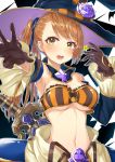  1girl beatrix_(granblue_fantasy) black_gloves blue_hat blue_sleeves bra breasts brown_eyes brown_hair choker cleavage collarbone detached_sleeves eyebrows_visible_through_hair flower gloves granblue_fantasy hakuishi_aoi hat hat_flower hat_ribbon long_hair long_sleeves looking_at_viewer medium_breasts midriff navel open_mouth purple_flower ribbon shiny shiny_hair side_ponytail solo stomach strapless strapless_bra striped striped_bra striped_ribbon under_boob underwear upper_body witch_hat 