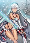  1girl altera_(fate) black_panties blurry blurry_background bra breasts choker cleavage collarbone dark_skin fate/grand_order fate_(series) hairband highres holding holding_sword holding_weapon leg_up looking_at_viewer medium_breasts nail_polish navel outdoors panties red_eyes rewolf short_hair silver snowing solo sword underwear weapon white_bra 