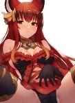  1girl animal_ears anthuria arm_support bangs bare_shoulders black_legwear blush breasts choker cleavage detached_sleeves dress elbow_gloves erune gloves granblue_fantasy hair_ornament highres koretsuki_azuma long_hair looking_at_viewer medium_breasts red_eyes redhead sidelocks sitting solo thigh-highs 