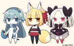  3girls :&lt; :q animal_ears bangs bell black black_bow black_legwear blonde_hair blue_eyes blue_hair blush bow bridal_gauntlets brown_background brown_eyes chibi closed_mouth commentary_request eyebrows_visible_through_hair flower fox_ears fox_girl fox_tail hair_bell hair_between_eyes hair_bow hair_ornament hairband holding holding_sheath japanese_clothes jingle_bell katana kimono long_hair looking_at_viewer multiple_girls obi original pantyhose parted_bangs petals pleated_skirt red_bow red_eyes red_flower red_rose red_skirt rose sash shaded_face sheath sheathed short_eyebrows short_kimono silver_hair simple_background skirt skirt_basket skirt_hold sleeveless sleeveless_kimono smile standing sweat sword tail thick_eyebrows tongue tongue_out very_long_hair weapon white_kimono yuzuki_gao 