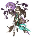  1girl aqua_eyes bags_under_eyes bare_shoulders brown_hair cage chains crystal elbow_gloves eyebrows_visible_through_hair fingerless_gloves flat_chest frills full_body gauntlets gloves gold_trim gretel_(sinoalice) habit hansel_(sinoalice) holding holding_staff ji_no nun official_art sinoalice solo staff thigh-highs torn_clothes transparent_background 