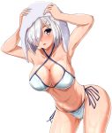  1girl bikini blue_eyes breasts cleavage collarbone criss-cross_halter drying drying_hair hair_ornament hair_over_one_eye hairclip halterneck hamakaze_(kantai_collection) highres kantai_collection large_breasts leaning_forward looking_at_viewer short_hair side-tie_bottom silver_hair simple_background skindentation solo swimsuit upper_body wet white_background white_bikini zanntetu 