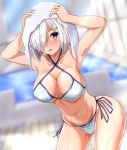  1girl bikini blue_eyes blurry blurry_background breasts cleavage collarbone criss-cross_halter drying drying_hair hair_ornament hair_over_one_eye hairclip halterneck hamakaze_(kantai_collection) highres kantai_collection large_breasts leaning_forward looking_at_viewer rei_no_pool short_hair side-tie_bottom silver_hair skindentation solo swimsuit upper_body wet white_bikini zanntetu 