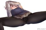 1girl bangs black_legwear blue_eyes blush closed_mouth commentary_request crotch_seam eyebrows_visible_through_hair grey_jacket grey_skirt hair_between_eyes jacket juurouta kantai_collection long_sleeves looking_at_viewer lying on_back pantyhose pink_hair pleated_skirt remodel_(kantai_collection) shiranui_(kantai_collection) shirt simple_background skirt solo spread_legs twitter_username white_background white_jacket white_shirt 