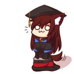  /\/\/\ 1girl :3 animal_ear_fluff animal_ears bangs brooch brown_hair chibi closed_mouth full_body hat imaizumi_kagerou jewelry long_hair long_sleeves mortarboard o_o solo standing tail tail_wagging touhou wolf_ears wolf_tail wool_(miwol) 
