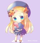  1girl abigail_williams_(fate/grand_order) bangs black_bow black_dress black_footwear black_hat blonde_hair bloomers blue_eyes blush bow bug butterfly chibi closed_mouth dress fate/grand_order fate_(series) full_body hair_bow hat head_tilt insect kouu_hiyoyo long_hair long_sleeves object_hug orange_bow parted_bangs polka_dot polka_dot_bow purple_background sleeves_past_fingers sleeves_past_wrists smile solo standing stuffed_animal stuffed_toy teddy_bear twitter_username underwear very_long_hair white_bloomers 