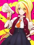  1girl absurdres blonde_hair eyes_visible_through_hair hair_over_one_eye highres jacket long_hair megaphone multicolored_hair necktie nikaidou_saki ponytail skirt smile streaked_hair to-ka-to-ka yellow_eyes zombie_land_saga 