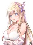  1girl bangs bare_shoulders blonde_hair blue_eyes blush boku_wa_tomodachi_ga_sukunai bra breast_hold breasts butterfly_hair_ornament cleavage collarbone commentary_request covered_nipples eyebrows_visible_through_hair hair_between_eyes hair_ornament head_tilt kashiwazaki_sena kuri_choko large_breasts long_hair off_shoulder parted_lips revision shirt signature simple_background solo sweat sweatdrop underwear upper_body very_long_hair white_background white_bra white_shirt 
