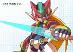  blonde_hair copyright_name cowboy_shot energy_blade energy_sword green_eyes helmet holding holding_weapon long_hair looking_at_viewer model_zx power_armor rockman rockman_zx serious solo sword vent weapon yuusuke_(5yusuke3) 