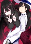  1boy 1girl :d ameshizuku_natsuki bangs black_hair black_scarf black_shirt black_skirt brown_eyes commentary_request double_v eyebrows_visible_through_hair fate/grand_order fate_(series) gloves hair_between_eyes hair_over_one_eye hat jacket long_hair long_sleeves looking_at_viewer low_ponytail neckerchief open_mouth oryou_(fate) pleated_skirt red_background red_eyes red_neckwear sakamoto_ryouma_(fate) scarf shirt skirt smile v very_long_hair white_gloves white_hat white_jacket 
