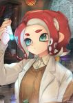  1girl agent_8 aqua_eyes artist_name book bookshelf ceiling_light collar fume highres jar kashu_(hizake) labcoat laboratory octoling open_book potion redhead short_hair signature solo splatoon splatoon_(series) splatoon_2 tentacle_hair upper_body vial window 