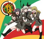  4girls :d amaretto_(girls_und_panzer) anchovy anzio_(emblem) anzio_military_uniform arm_around_neck asymmetrical_bangs bangs belt black_belt black_footwear black_hair black_neckwear black_ribbon black_shirt blonde_hair boots braid brown_eyes brown_hair carpaccio clenched_hand clenched_hands commentary_request dress_shirt drill_hair emblem eyebrows_visible_through_hair flag_background frown girls_und_panzer green_eyes green_hair grey_jacket grey_pants grey_skirt grin hair_ribbon holding italian_flag jacket jumping knee_boots knife leg_up long_hair long_sleeves looking_to_the_side military military_uniform miniskirt multiple_girls necktie open_mouth pants partial_commentary pencil_skirt pepperoni_(girls_und_panzer) red_eyes ribbon riding_crop running sam_browne_belt shirt short_hair side_braid skirt smile standing standing_on_one_leg sweatdrop torinone twin_drills twintails uniform 