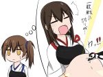  akagi_(kantai_collection) artist_request belly bird brown_hair highres japanese_clothes kaga_(kantai_collection) kantai_collection long_hair multiple_girls muneate penguin side_ponytail simple_background stomach straight_hair translation_request white_background 