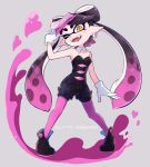  +_+ 1girl aori_(splatoon) artist_name black_hair black_jumpsuit brown_eyes commentary_request detached_collar domino_mask earrings fangs food food_on_head full_body gloves gradient_hair grey_background head_tilt heart heart_hands inumaru_akagi jewelry long_hair looking_at_viewer mask mole mole_under_eye multicolored_hair object_on_head open_mouth paint_splatter pantyhose pointy_ears purple_hair purple_legwear short_jumpsuit smile solo sparkle splatoon splatoon_(series) splatoon_1 standing strapless tentacle_hair 